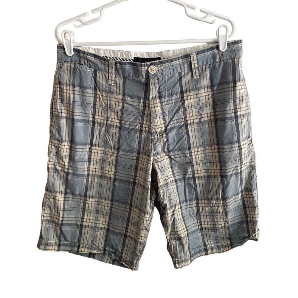Tommy Hilfiger Mens SZ 34 Blue Plaid Flat Front 100% Cotton Shorts w/5 Pockets